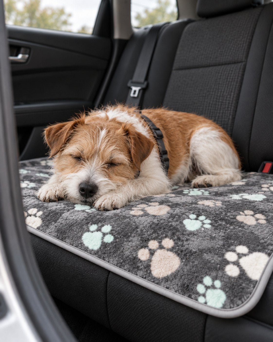 Terrier asleep on the mat in a parked car