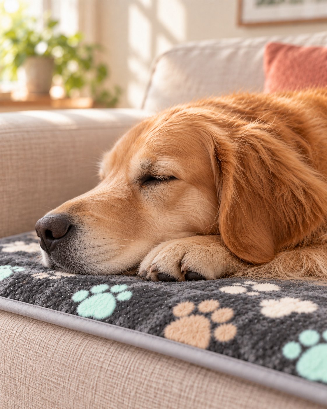 Side profile of a golden retriever sleeping on the grey paw-print mat