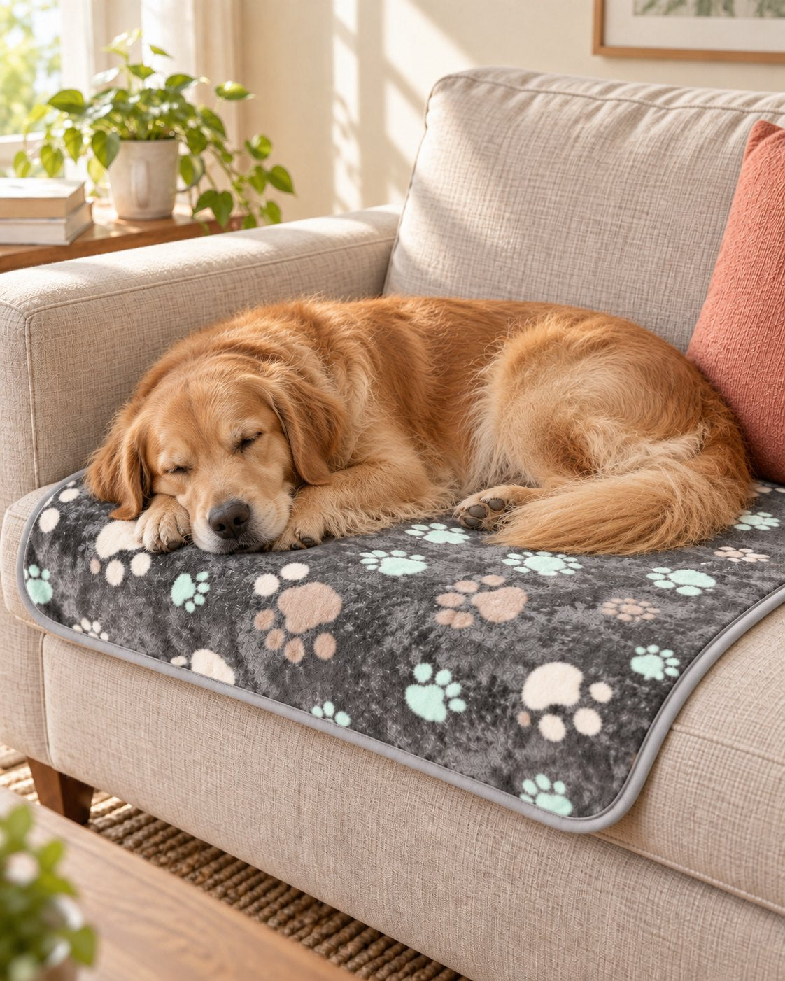 Golden retriever asleep on the grey paw-print mat on a sofa