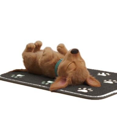 Cartoon puppy sleeping belly-up on a paw-print mat